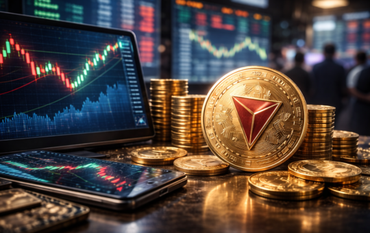 TRX cryptocurrency coin displayed on a trading desk with stacked coins and digital market charts in the background.