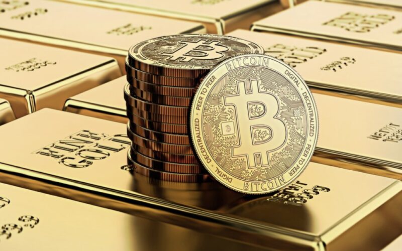 Picture of bitcoins sitting on top of a stack of gold bricks