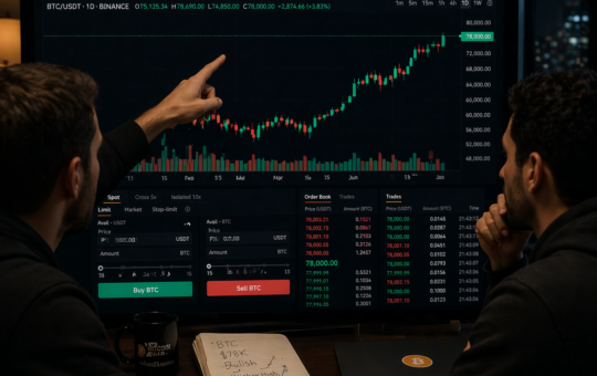 Traders analyzing Bitcoin at $78k.
