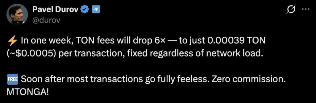 Durov Confirms 6x Fee Cut With Completely Feeless Transactions Next