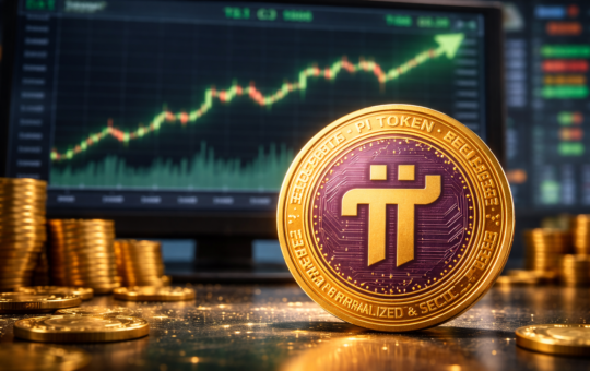 A bullish PI coin in front of a monitor