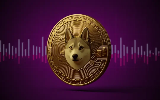 Dogecoin cryptocurrency token with network activity visualization and purple gradient background