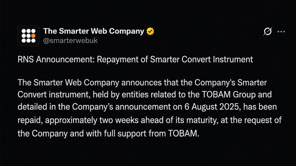 Bitcoin Treasury Firm Smarter Web Sells 177 BTC in Early Debt Repayment Move