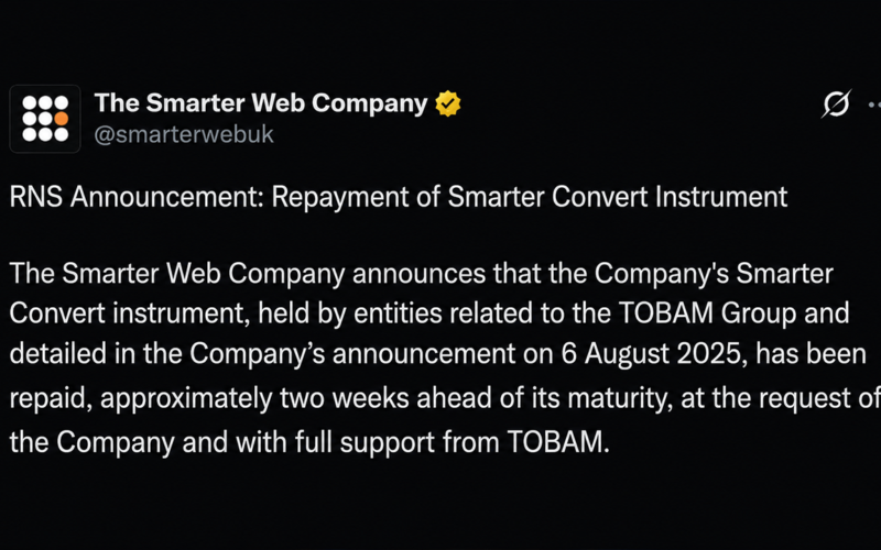 Bitcoin Treasury Firm Smarter Web Sells 177 BTC in Early Debt Repayment Move