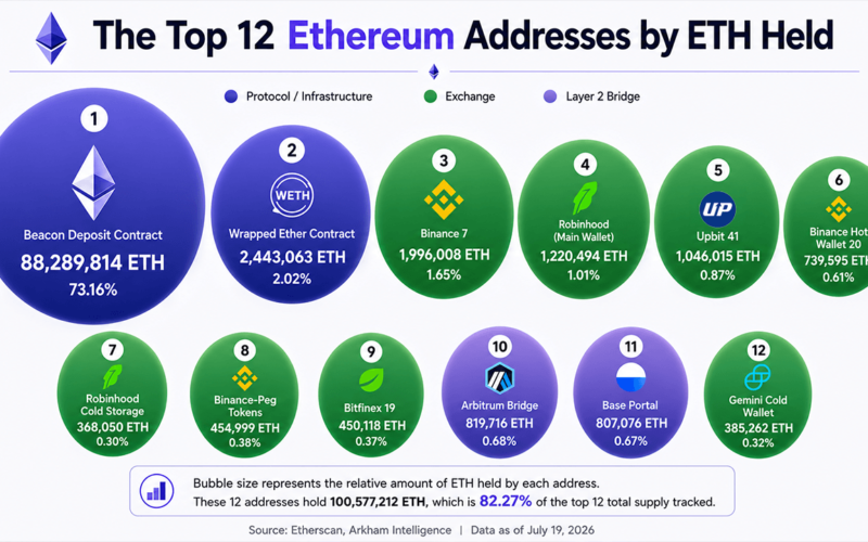 Ethereum's 12 Biggest Wallets Expose 6 Exchanges Controlling 6.6 Million ETH