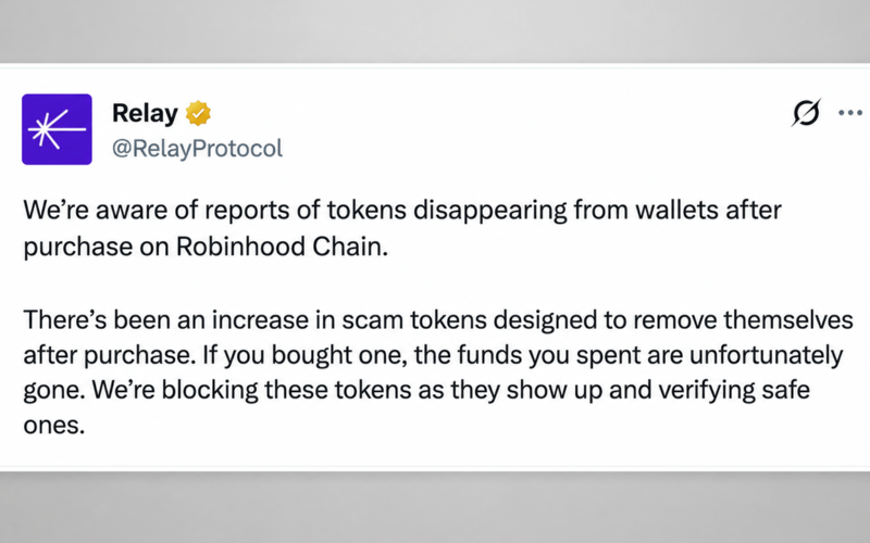 Relay Protocol Warns of Robinhood Chain Honeypot Coins