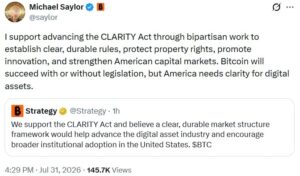Saylor and Strategy Officially Back CLARITY Act for US Crypto