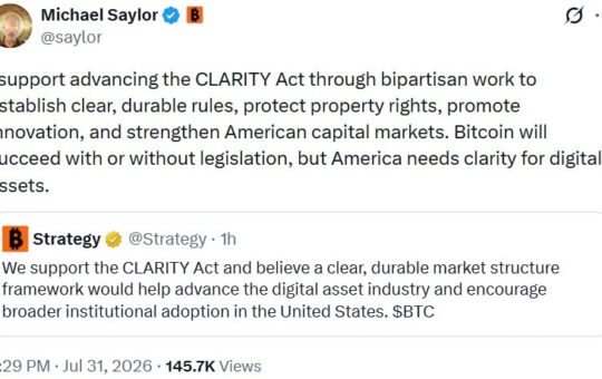Saylor and Strategy Officially Back CLARITY Act for US Crypto