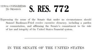 US Senate Unanimously Opposes Any Pardon for Sam Bankman-Fried After FTX Fraud