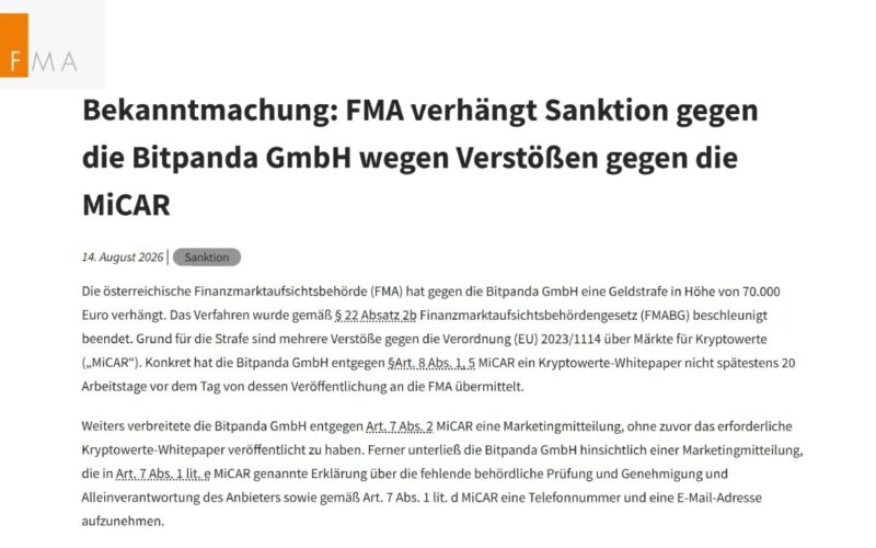 Austria Fines Bitpanda 70,000 Euros in First MiCA Crypto Penalty