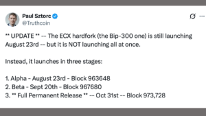 Bitcoin’s ECX Hard Fork Splinters Into 3 Launches Through October – Bitcoin News