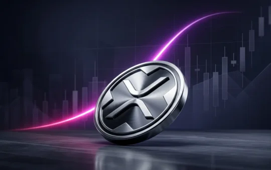 XRP token rising on a purple-magenta trading chart before an overbought pullback