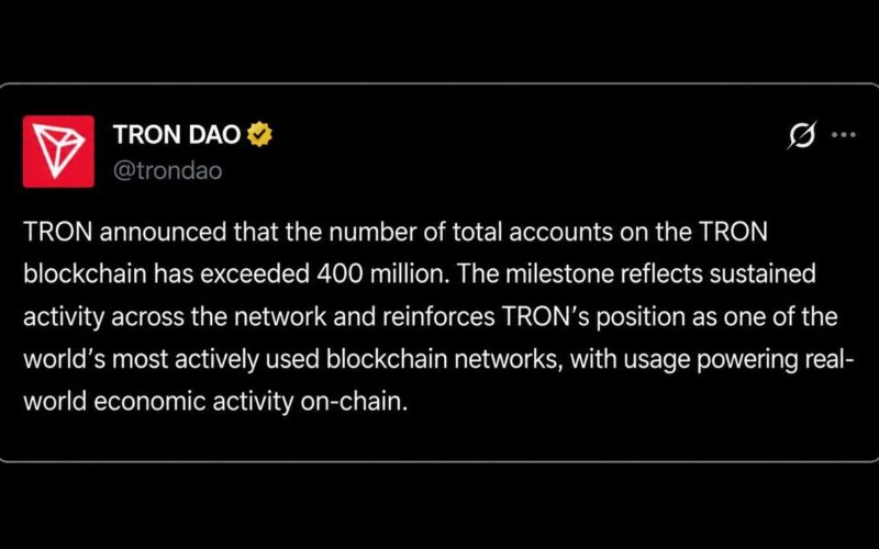 Tron Surpasses 400 Million Accounts as USDT Transfers Near $30 Trillion