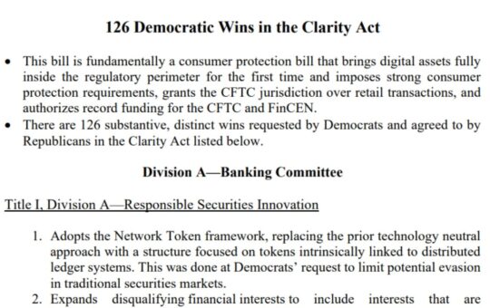 Final CLARITY Act Packs 126 Changes Requested by Senate Democrats