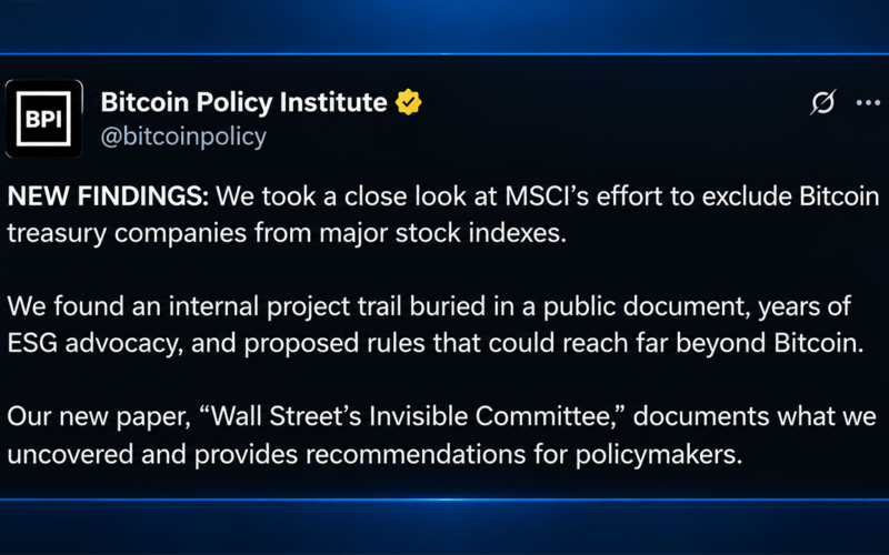 MSCI Rule Puts Strategy at Risk, Says Bitcoin Policy Institute Paper