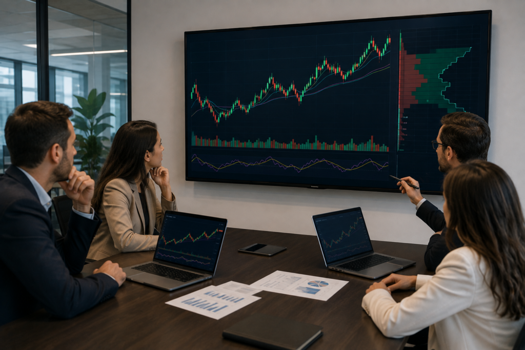 Investors checking trading chart in a meeting room