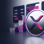 XRP coin beside an abstract institutional crypto allocation chart in purple and magenta lighting