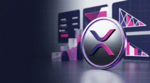 XRP coin beside an abstract institutional crypto allocation chart in purple and magenta lighting