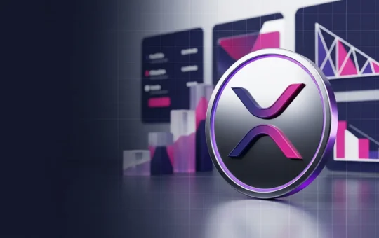 XRP coin beside an abstract institutional crypto allocation chart in purple and magenta lighting