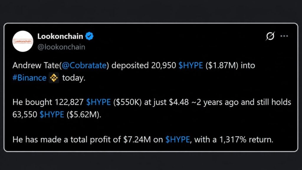 Andrew Tate Lost $727K on Leverage But Made $7M Just Holding HYPE