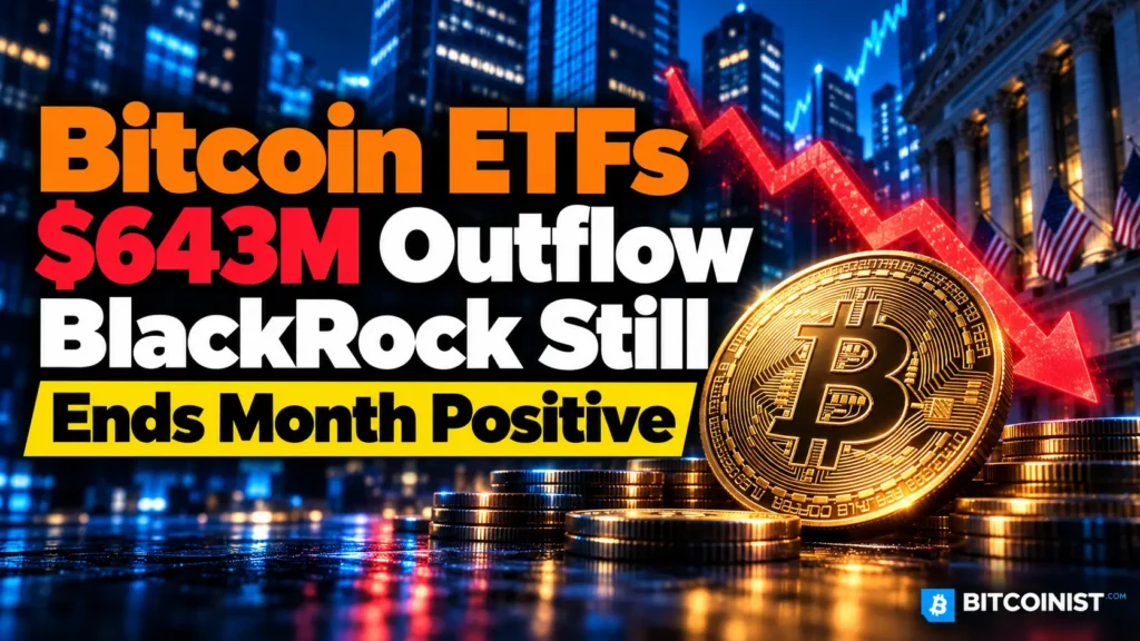 Bitcoin ETF outflows illustration showing a gold Bitcoin and red downward arrow beside a BlackRock headline