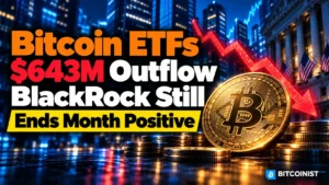 Bitcoin ETF outflows illustration showing a gold Bitcoin and red downward arrow beside a BlackRock headline