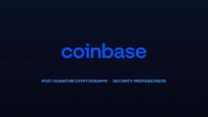 Coinbase official logo with abstract quantum computing lattice illustration
