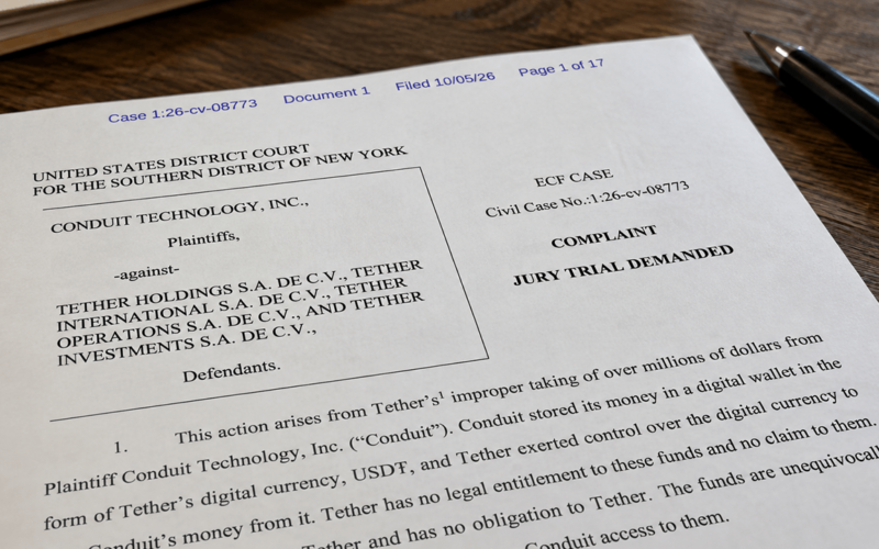 Conduit Sues Tether Over a $2.76M USDT Wallet Frozen for a Year