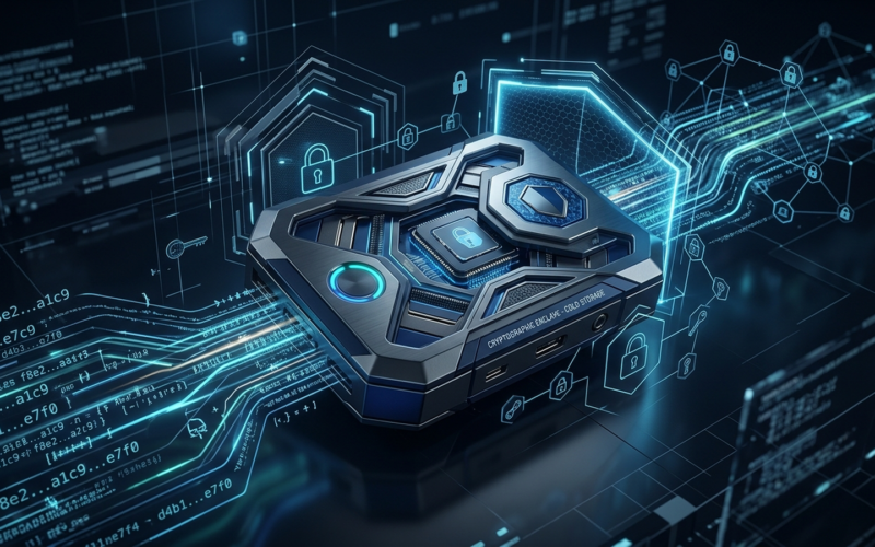 Hardware wallet cryptographic security and cold storage architecture illustration