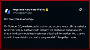 Keystone Wallet Data Breach Exposes Buyers' Addresses to Scammers