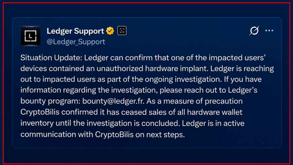 Ledger Confirms Hidden Hardware Implant in Affected User's Wallet