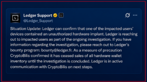 Ledger Confirms Hidden Hardware Implant in Affected User's Wallet