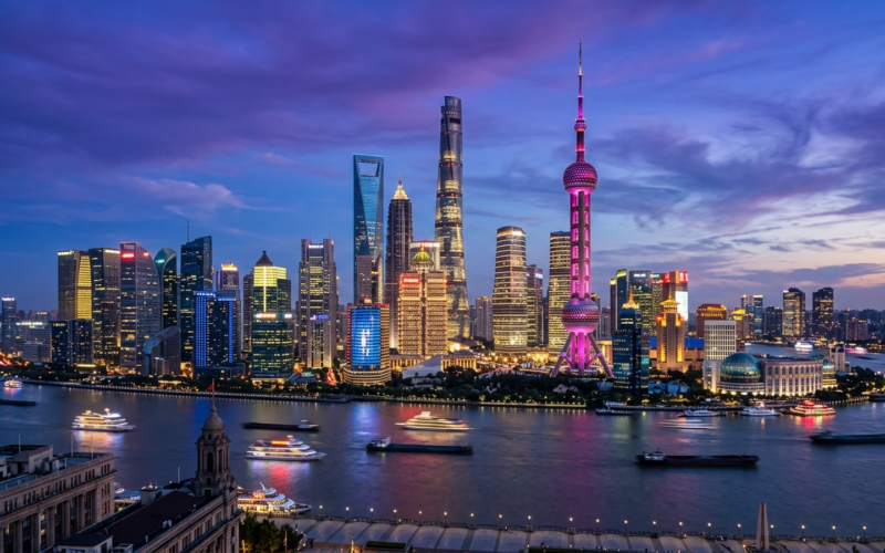 Editorial illustration of the Shanghai Pudong metropolitan financial skyline across the Huangpu River