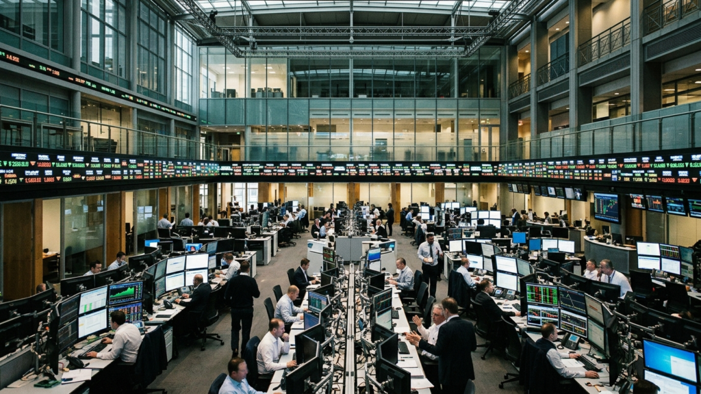 Editorial illustration of an institutional financial stock exchange trading floor and market infrastructure