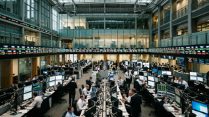 Editorial illustration of an institutional financial stock exchange trading floor and market infrastructure