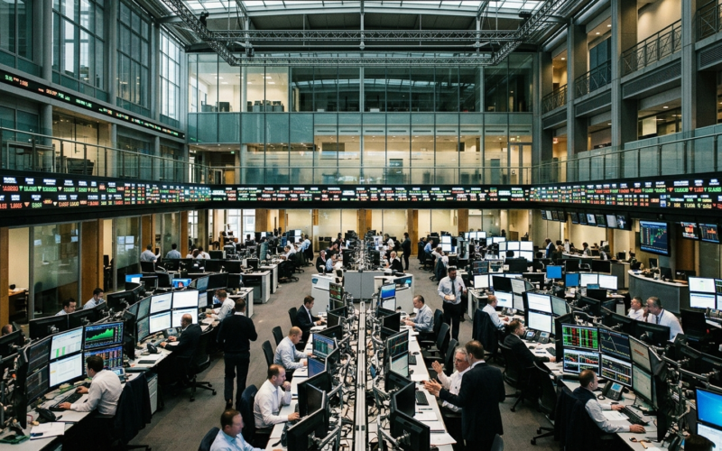 Editorial illustration of an institutional financial stock exchange trading floor and market infrastructure