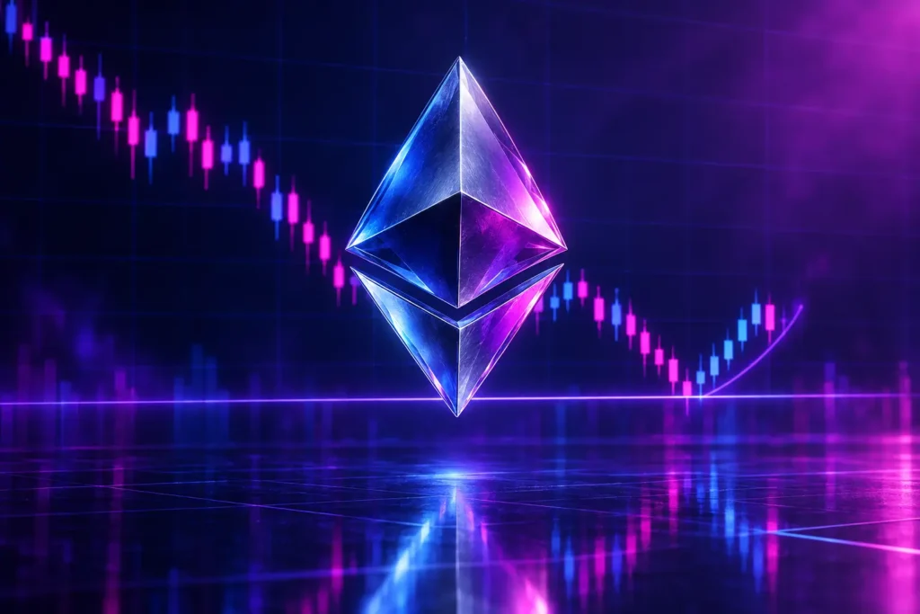 Ethereum-inspired coin hovering above a tested support line in a purple crypto market scene