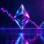 Ethereum-inspired coin hovering above a tested support line in a purple crypto market scene