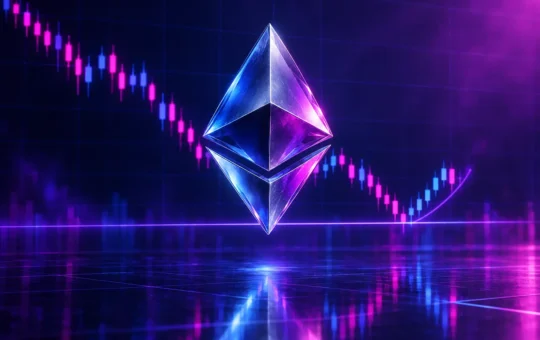 Ethereum-inspired coin hovering above a tested support line in a purple crypto market scene