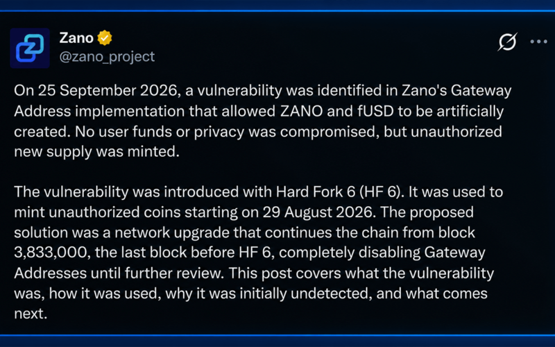 Zano Says Over $200M in Illicit Tokens Led to 30-Day Blockchain Rewind – Bitcoin News